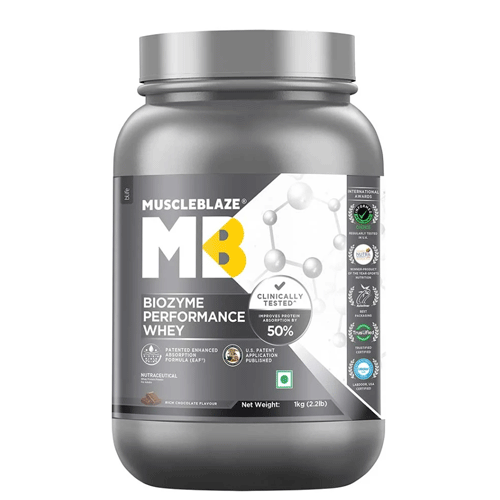 MuscleBlaze Biozyme Performance Whey Protein Powder.