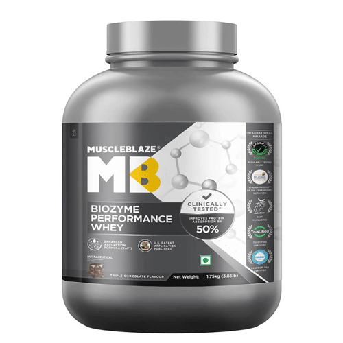 MuscleBlaze Biozyme Performance Whey Protein Powder.